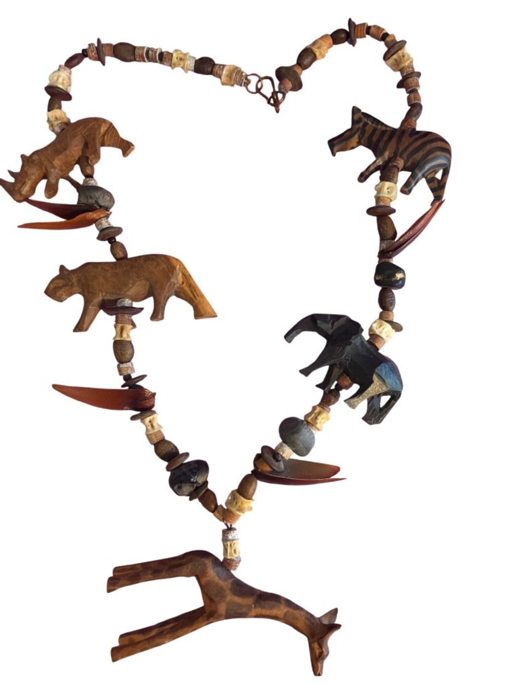 Vintage African Safari Animal Necklace Wood Carved Shell Nut Tribal Giraffe 24"